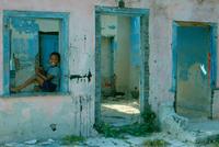 Kids posing in abandoned house