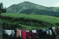 Bright red laundry on mountain