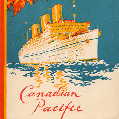 Menu cover with print of a large steam ship and red decorative text 'Canadian Pacific'