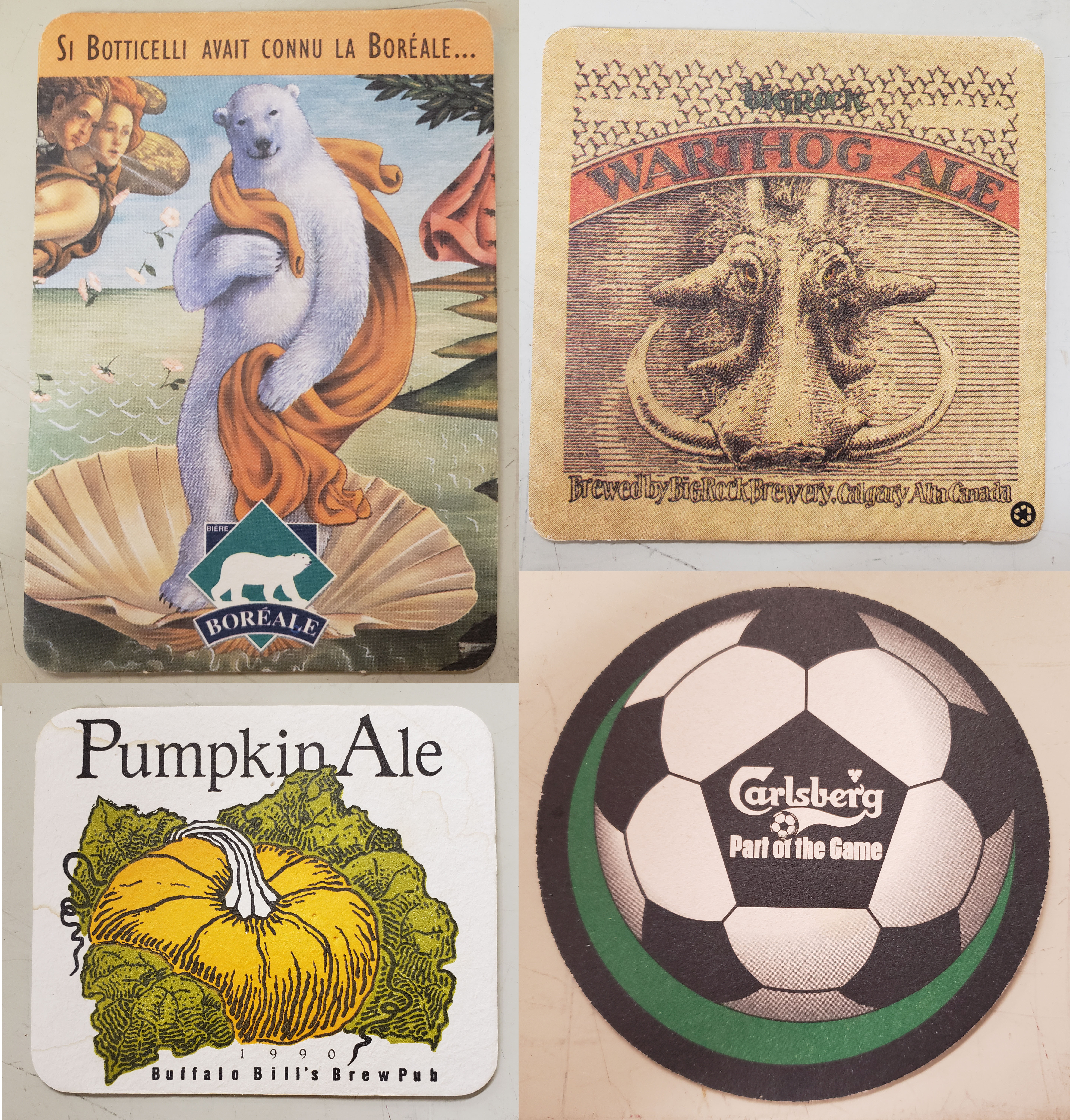 Selection of beer coasters featuring a polar bear, warthog, soccerball, and pumpkin.